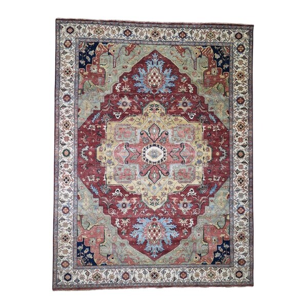 Shahbanu Rugs Antiqued Heriz Re-Creation Pure Wool Hand-Knotted Oriental Rug (9'0" x 12'0") - 9'0" x 12'0"