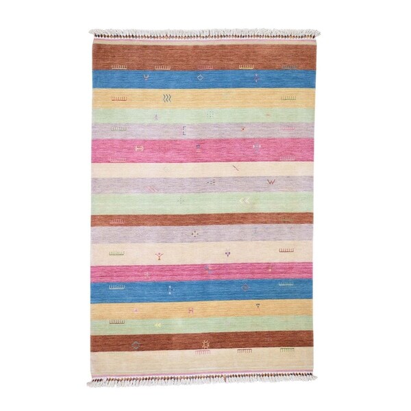 Shahbanu Rugs Striped Modern Hand Loomed Gabbeh Pure Wool Oriental Rug (5'7" x 8'0") - 5'7" x 8'0"
