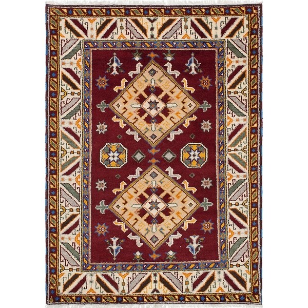 eCarpetGallery Hand-knotted Royal Kazak Cream, Dark Red Wool Rug - 4'7 x 6'7