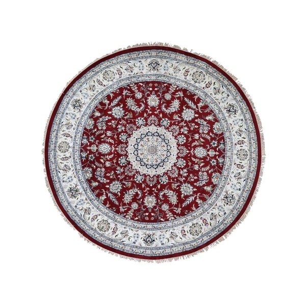 Shahbanu Rugs Hand-Knotted Wool And Silk 250 Kpsi Red Nain Round Oriental Rug (9'8" x 9'8") - 9'8" x 9'8"