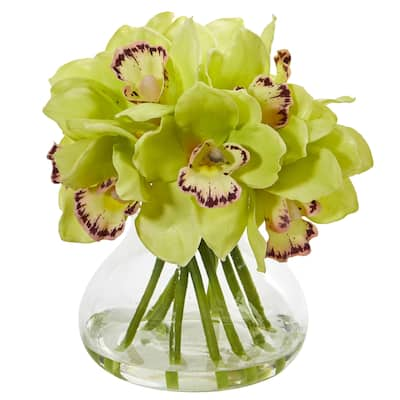 Cymbidium Orchid Artificial Arrangement in Glass Vase