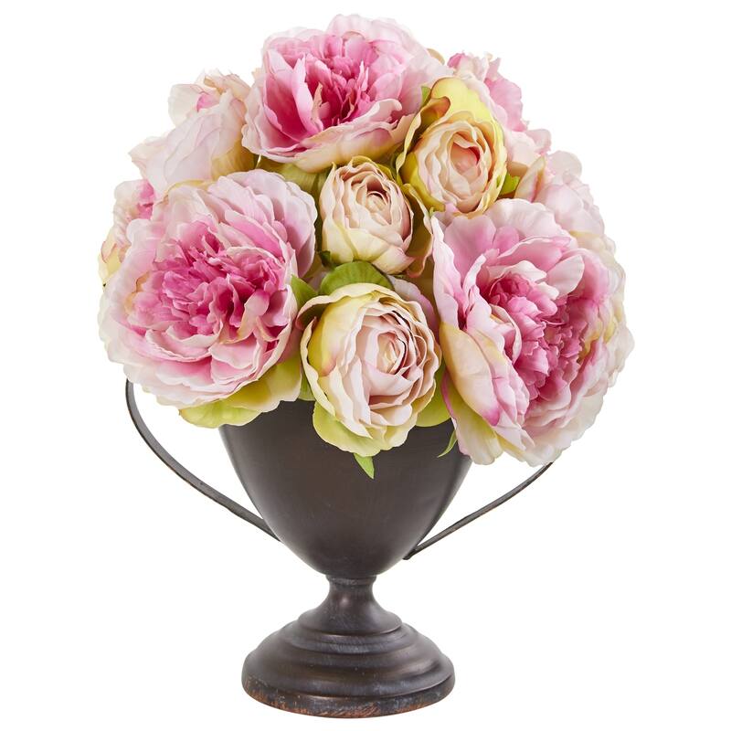11" Peony Artificial Arrangement in Metal Goblet