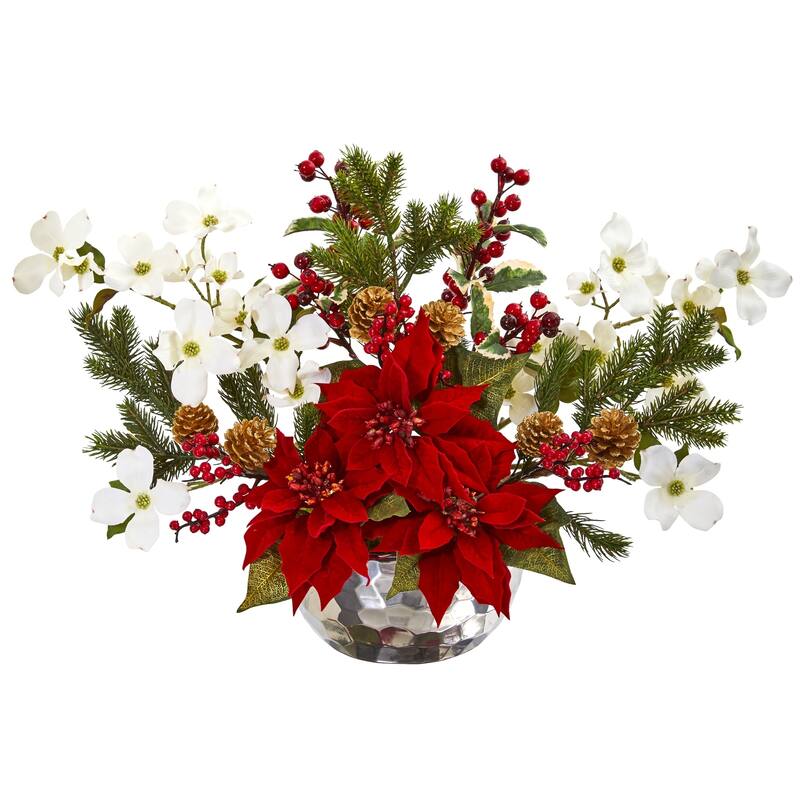 Poinsettia, Dogwood, Berry and Pine Artificial Arrangement in Silver Vase