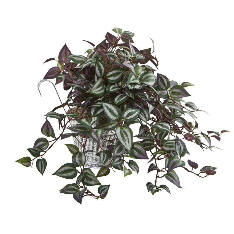 15" Wandering Jew Artificial Plant in Vintage Metal Hanging Planter