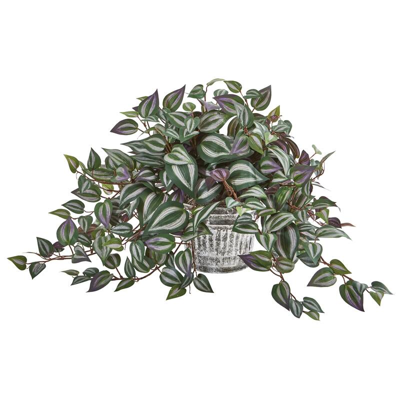 15" Wandering Jew Artificial Plant in Vintage Metal Hanging Planter