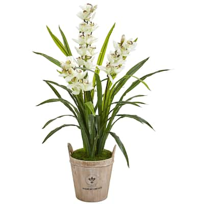 47" Cymbidium Orchid Artificial Plant in Farmhouse Planter