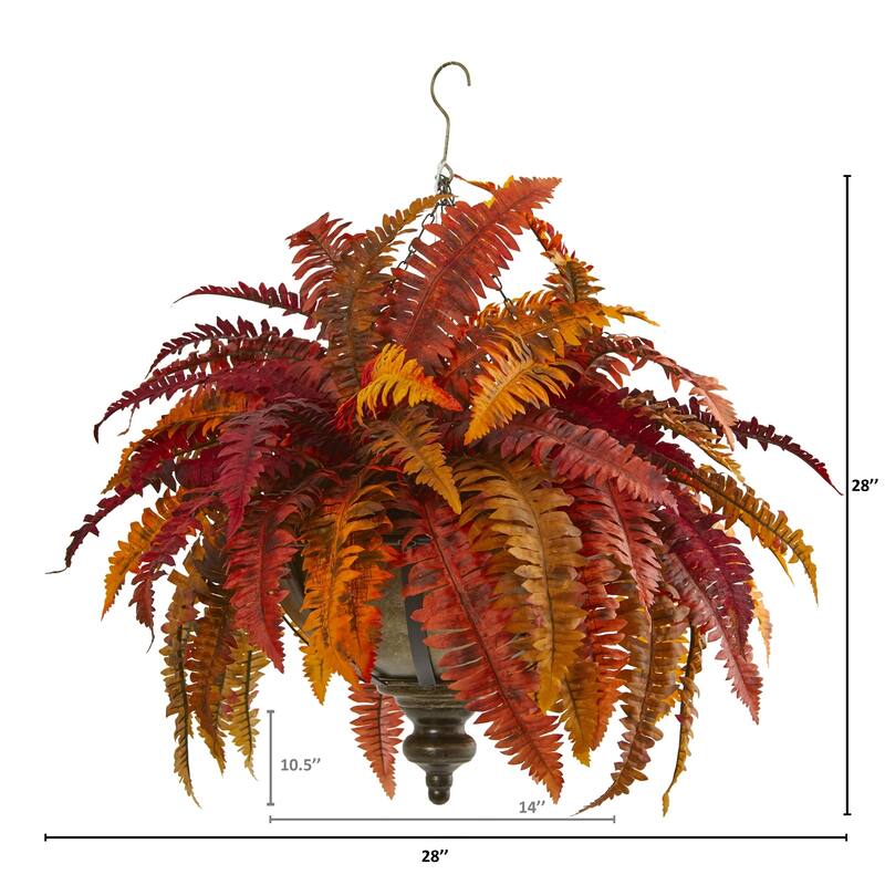 28" Autumn Boston Fern Artificial Plant in Hanging Metal Bowl
