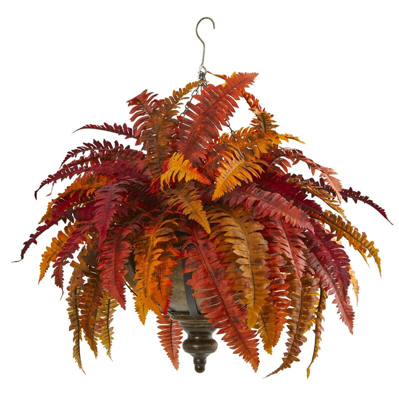 28" Autumn Boston Fern Artificial Plant in Hanging Metal Bowl