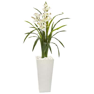 50" Cymbidium Orchid Artificial Plant in White Tower Planter