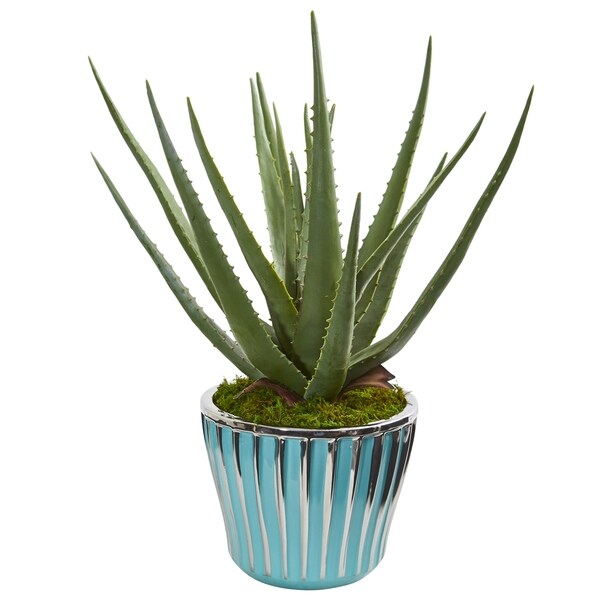 Nearly Natural Aloe Artificial Plant in Turquoise Planter
