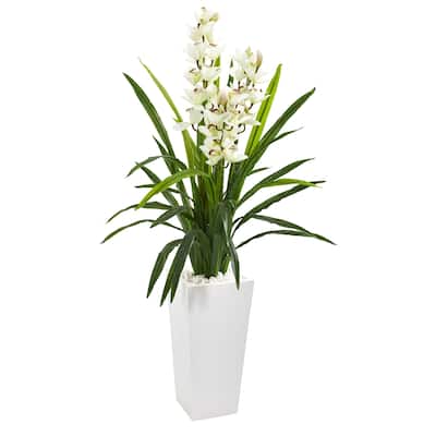 4.5' Cymbidium Orchid Artificial Plant in White Tower Planter
