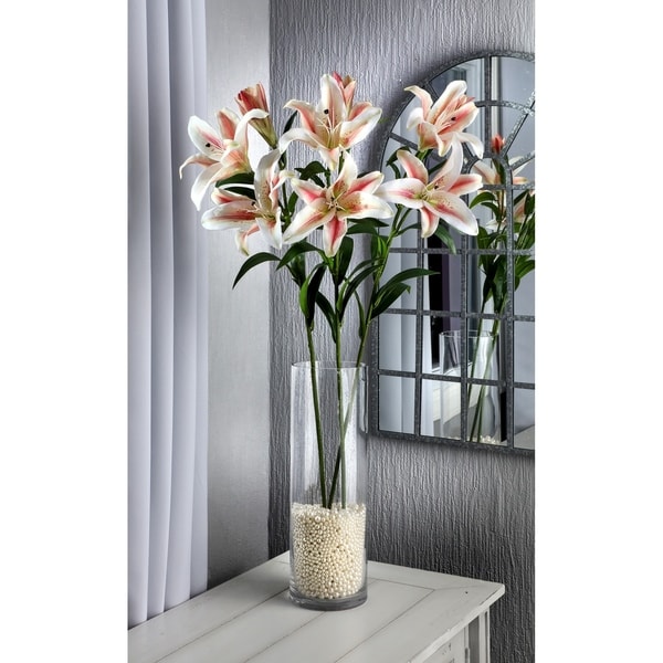Natural Touch Lilies, Three Per Stem, Two Open, One Closed (Set of 3) - White Pink