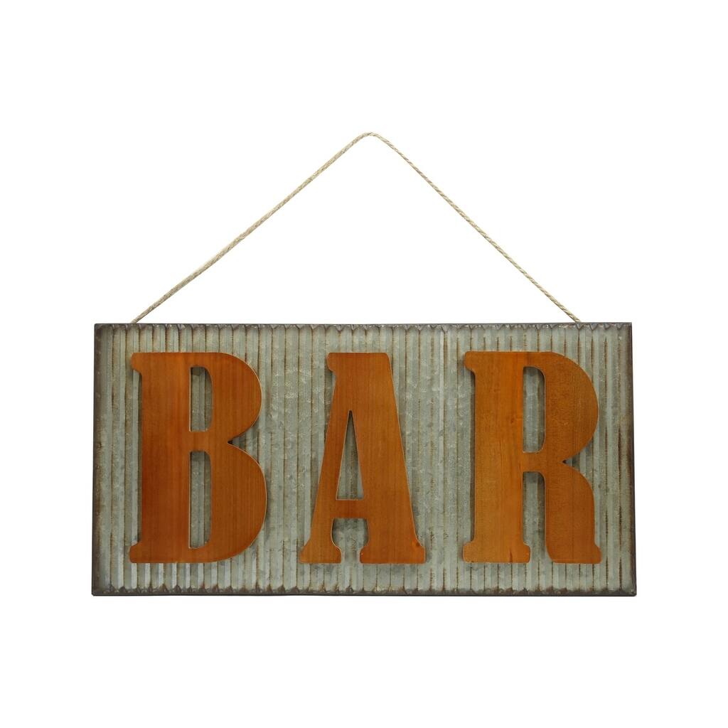 Rectangle Metal Wall Art with Top Rope Hanger and Wood Outline "BAR" Writing, Galvanized Gray Finish