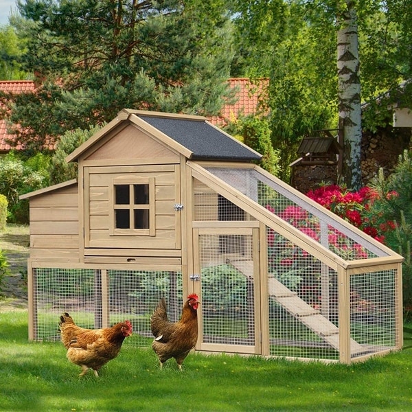 PawHut 69" Outdoor Wooden Chicken Coop Hen House with Nesting Box and Run. Opens flyout.