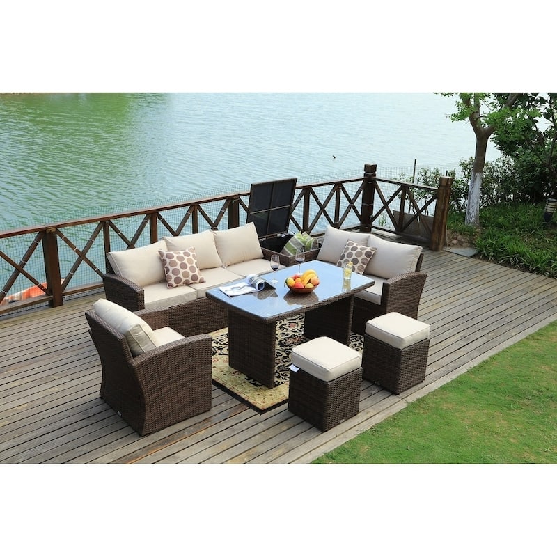 7-piece Grey Wicker Patio Furniture Set with Beige Cushions - Brown