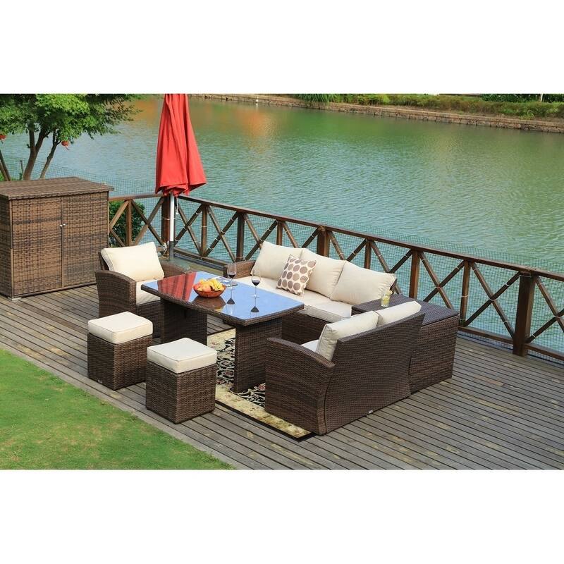7-piece Grey Wicker Patio Furniture Set with Beige Cushions