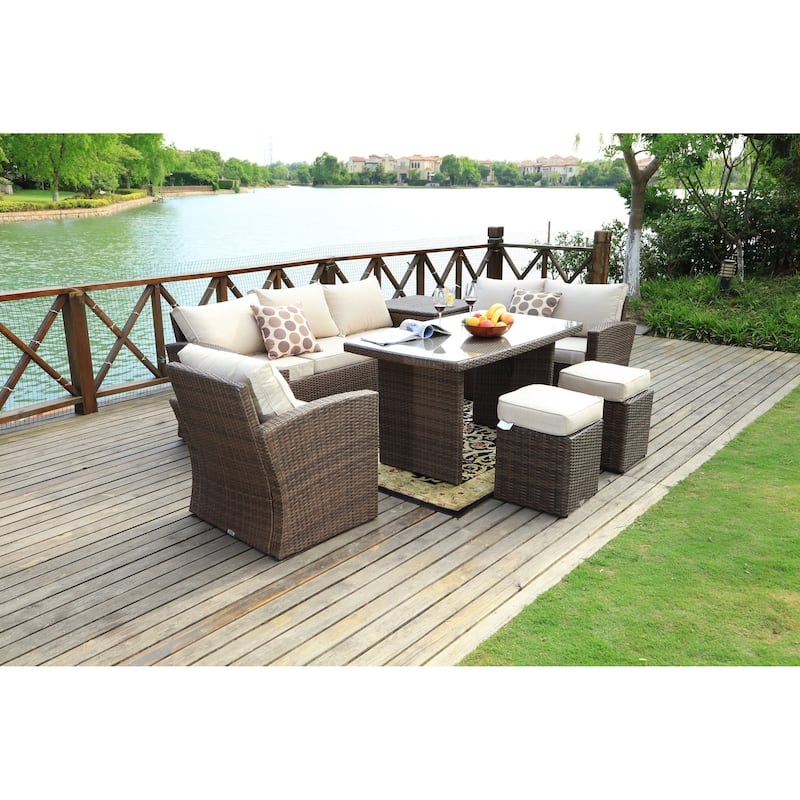 7-piece Grey Wicker Patio Furniture Set with Beige Cushions