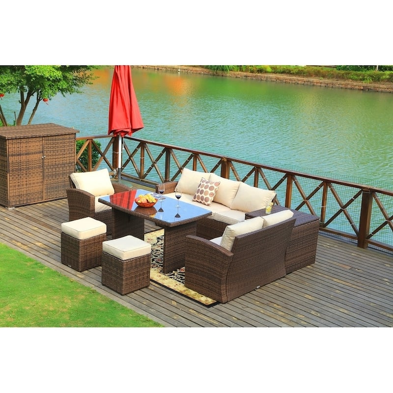7-piece Grey Wicker Patio Furniture Set with Beige Cushions