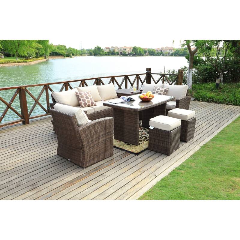 7-piece Grey Wicker Patio Furniture Set with Beige Cushions