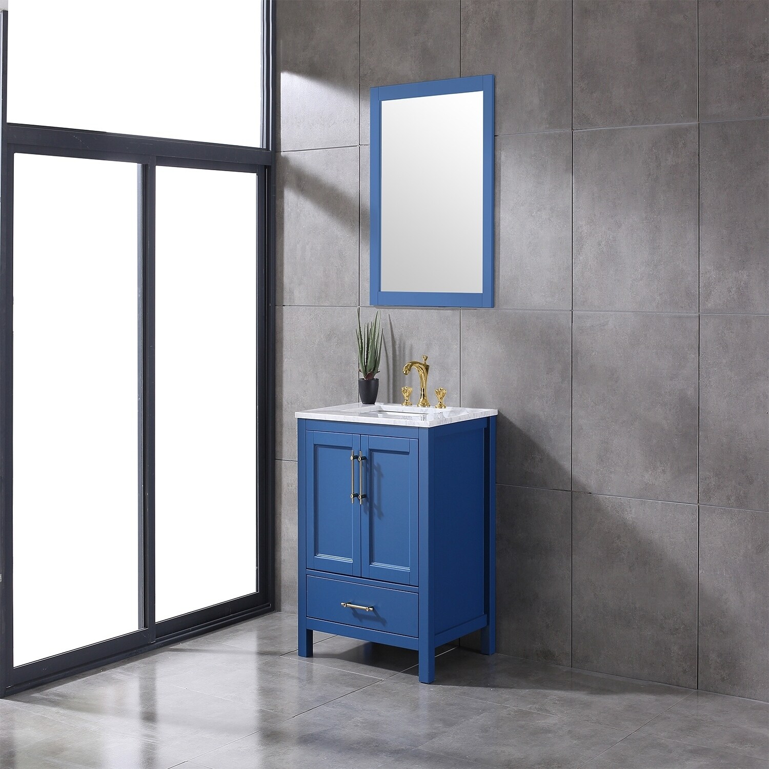 Eviva Navy 36 Deep Blue Transitional Bathroom Vanity w/ White Carrara