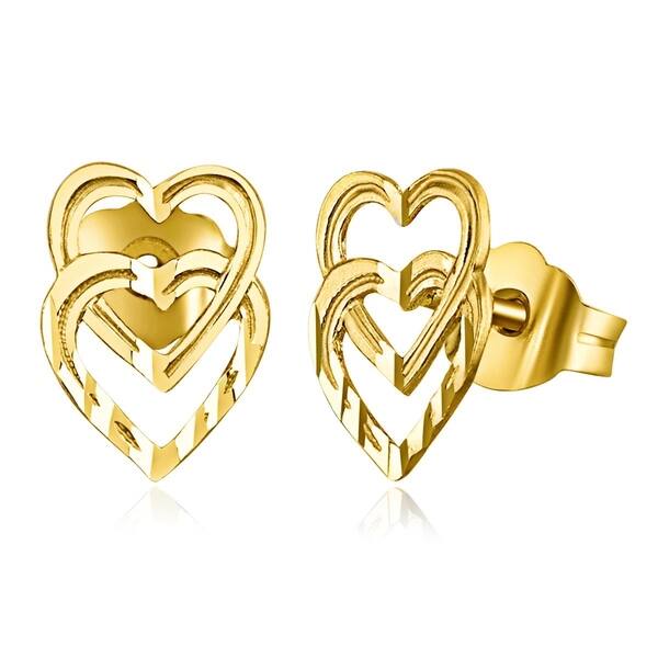 Flower in Heart Stud Earrings Solid 14k Yellow Gold Diamond Cut Style Polished Genuine 9 x 9 mm 