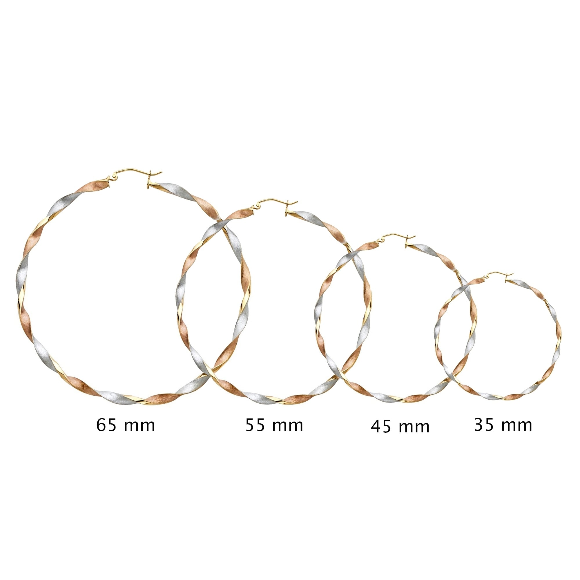 45mm X 45mm 14k 3mm Thick Tri-Color Gold Diamond-Cut Hoop Earrings,