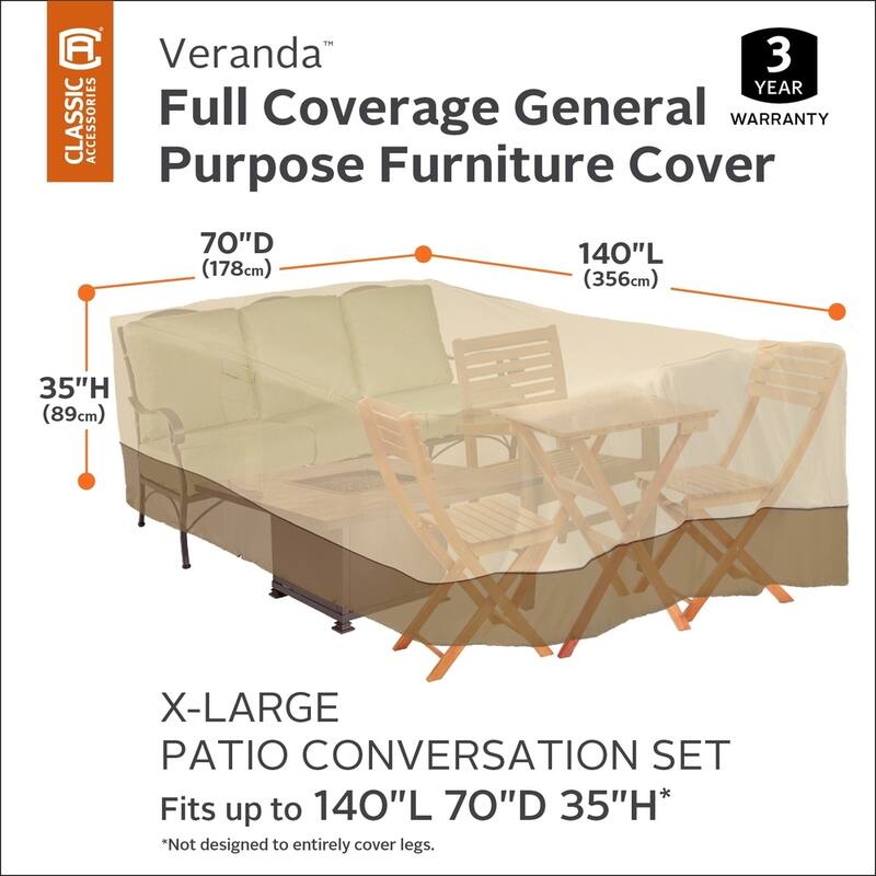 Classic Accessories Veranda Full Coverage Conversation Set/General Purpose Patio Furniture Cover - 140"L x 70"D x 35"H