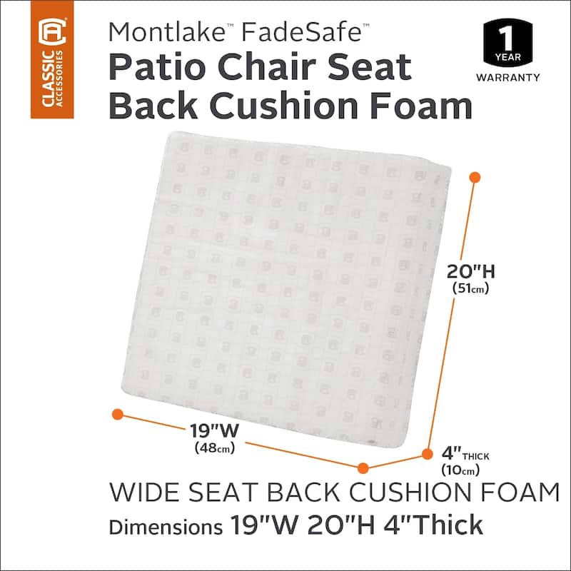 Classic Accessories Patio Lounge Back Cushion Foam - 4" Thick - High-Density Foam - 19"W x 20"H x 4"Thick