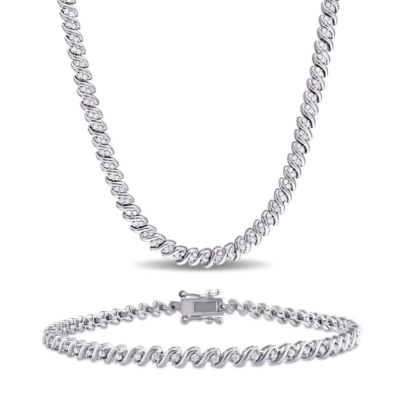 Miadora Sterling Silver 1 1/2ct TDW Diamond S-Link Tennis Necklace and Bracelet Set