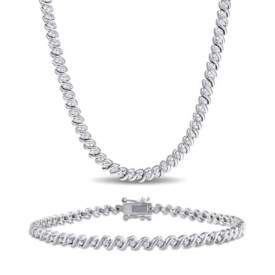 Miadora Sterling Silver 1 1/2ct TDW Diamond S-Link Tennis Necklace and Bracelet Set