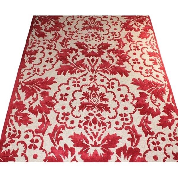 Huge Handmade Burgundy Beige Floral Wool Area Rug - 10' x 14'