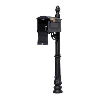 Ornate Base and Pineapple Finial Qualarc LPST-703-E1-BL Lewiston Aluminum Post Mailbox System with Support Brace Mounting Plate Black Economy Mailbox