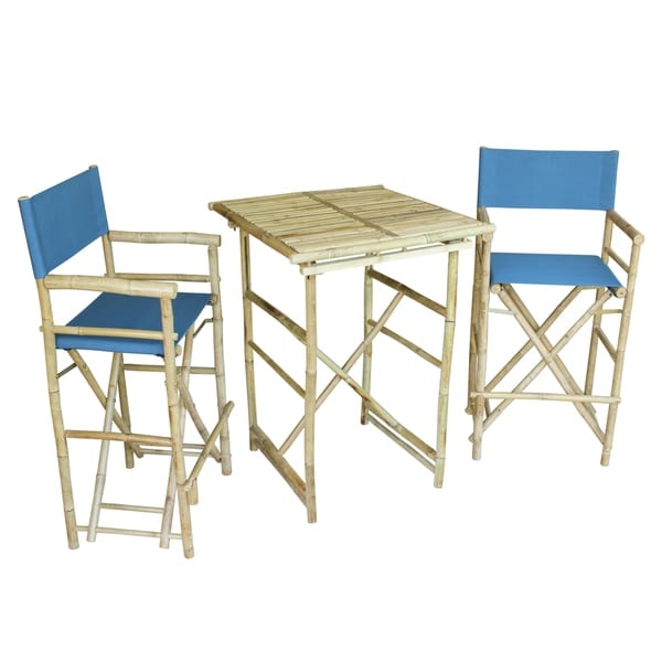 Bamboo Espresso Pub Set 2 Blue High Director Chairs & Round Table