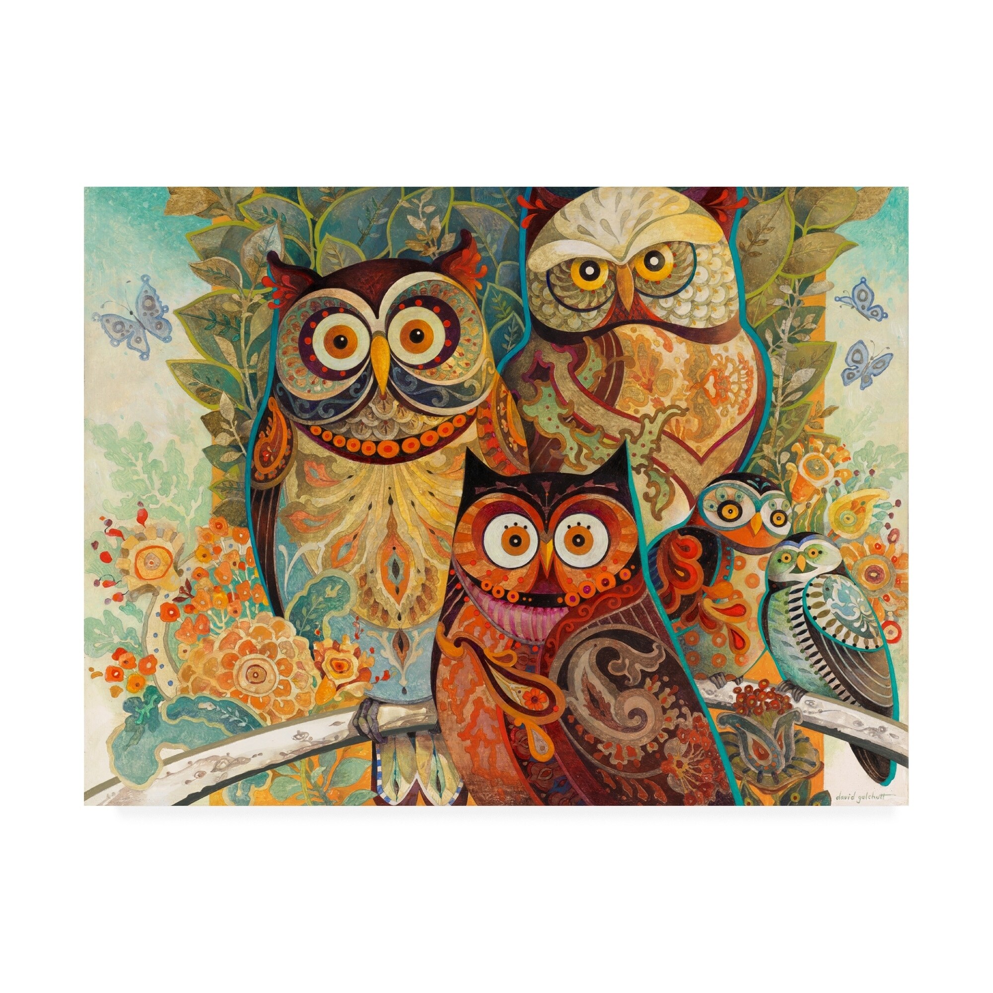 David Galchutt 'Owls On Floral Branch' Canvas Art