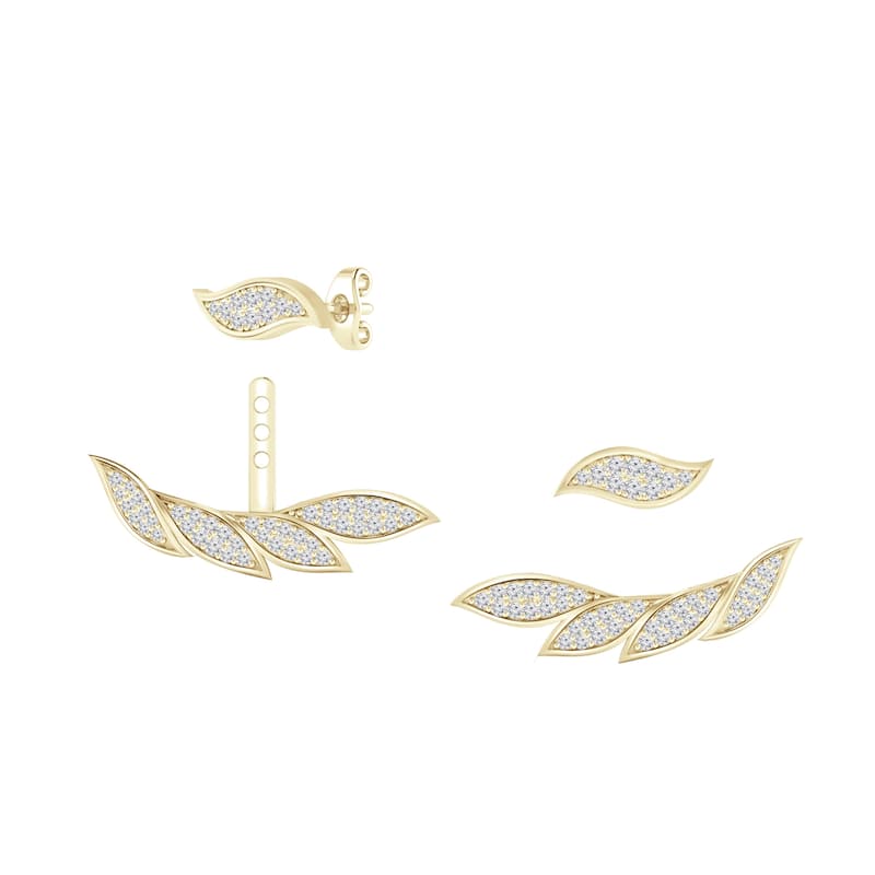 Auriya 3/5ctw Wispy Feather Diamond Stud Fashion Earrings with Two-Way Jackets 14K Gold - Yellow