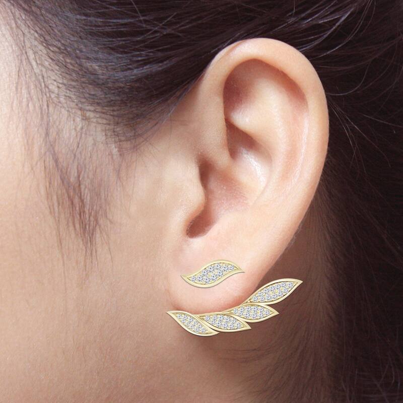 Auriya 3/5ctw Wispy Feather Diamond Stud Fashion Earrings with Two-Way Jackets 14K Gold