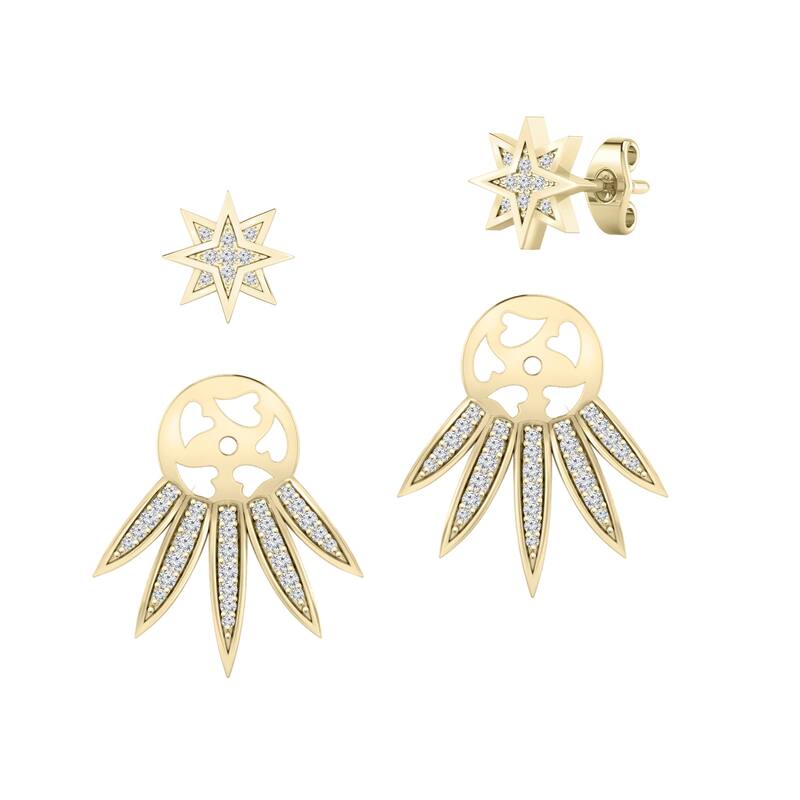 Auriya 1/3ctw Star Burst Diamond Stud Fashion Earrings with Two-Way Jackets 14K Gold - Yellow