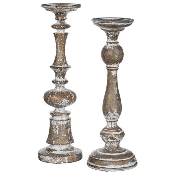 Vintage Wooden Carved Candlesticks - Set of 2 - 5"L x 5"W x 18.25"H, 6"L x 6"W x 16.75"H