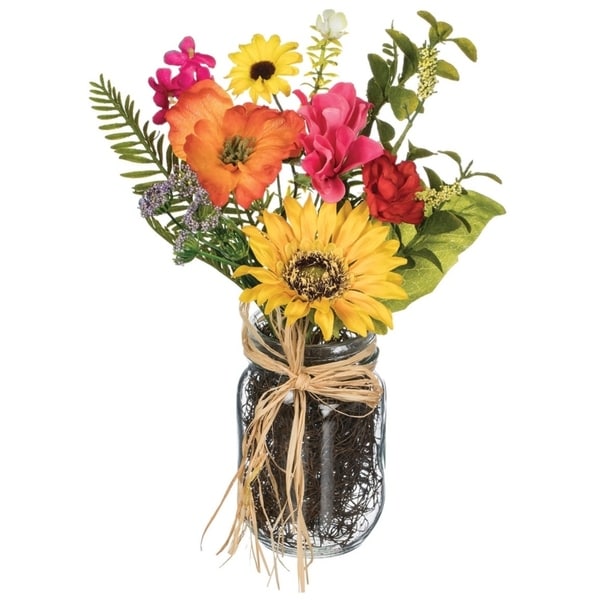 Sunflower, Primrose, & Daisy Premade Arrangement in Jar - Multicolor - 10"L x 7"W x 12"H