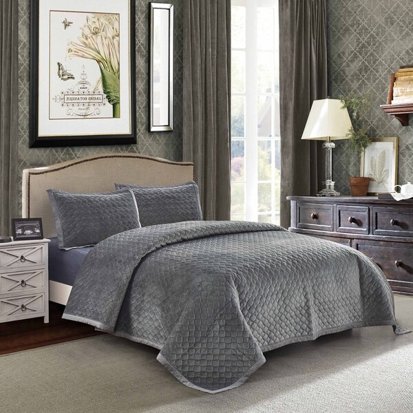 Tiberius Velvet Quilt King Size Set in Grey (As Is Item) Overstock