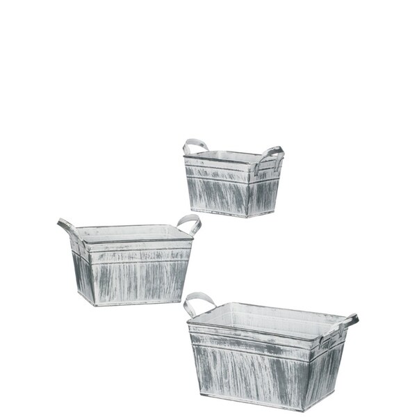 White Washed Metal Containers with Handles - Set of 3 - 9.5, 8, 6.5"Lx5, 4.5, 3.5, 5"W,x4.5, 4"H