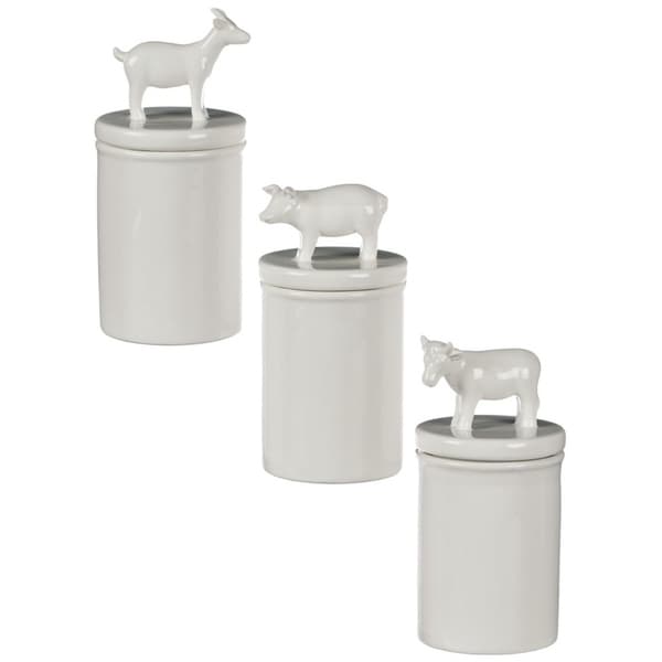 Farmhouse Pig, Goat, & Cow Lidded Canisters - Set of 3 - 4, 4, 4"L x 4, 4, 4"W x 8.5, 8.5, 7.5"H