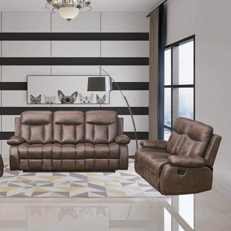 Vanity Art Brown Microfiber 2-Piece Reclining Loveseat with One Motion Sofa One Motion Loveseat Living Room Set - N/A
