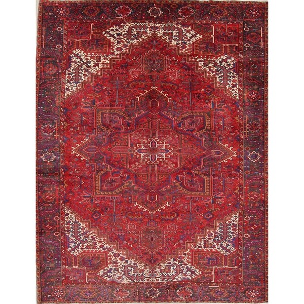 One of a Kind Heriz Geometric Handmade Wool Persian Oriental Area Rug - 12'7" x 9'10"
