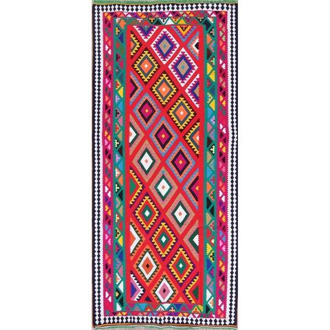 Kilim Qashqai All-Over Geometric Hand-Woven Silk Persian Oriental Rug - 9'6" x 4'10" Runner