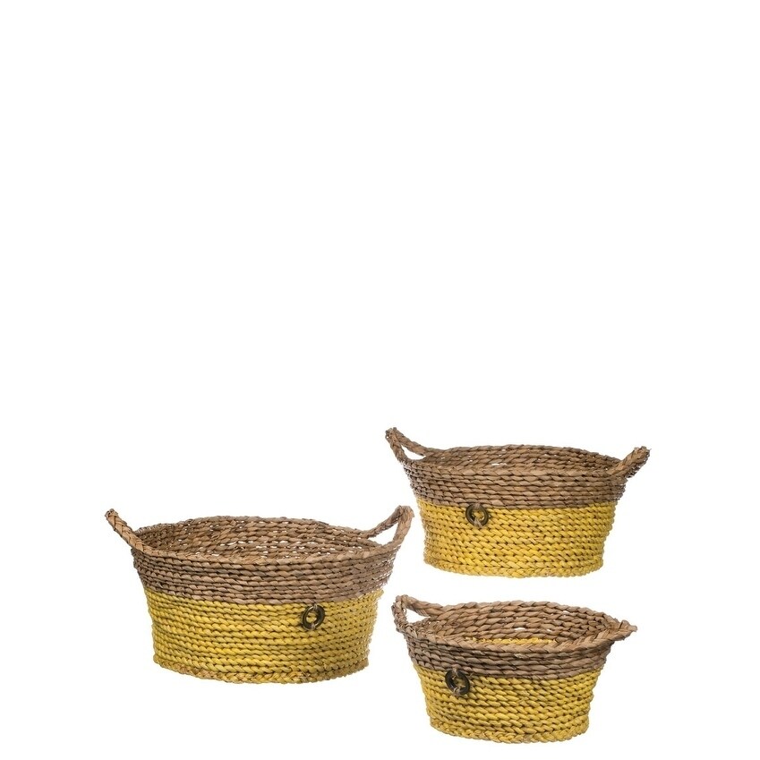 Yellow Natural Round Woven Baskets With Handles Set Of 3 17 15 5 13 5 L X 14 5 13 11 W X 9 13 5 6 H Overstock