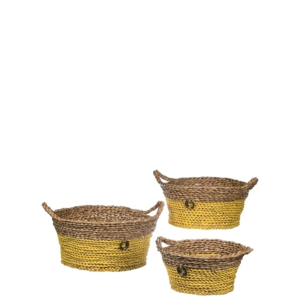 Yellow & Natural Round Woven Baskets with Handles - Set of 3 - 17, 15.5, 13.5"L x 14.5, 13, 11"W x 9, 13.5, 6"H