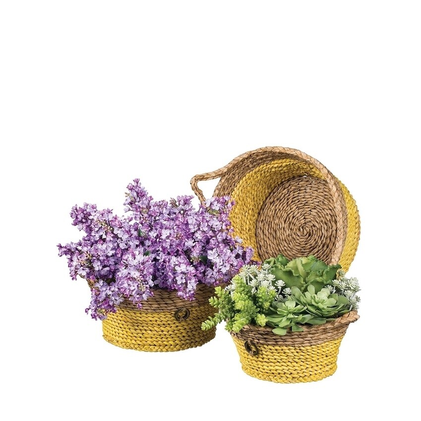 Yellow Natural Round Woven Baskets With Handles Set Of 3 17 15 5 13 5 L X 14 5 13 11 W X 9 13 5 6 H Overstock