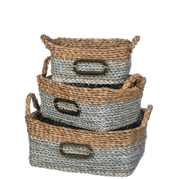 Gray & Natural Rectangular Woven Baskets with Handles - Set of 3 - 16.5, 15, 12.5"L x 10.5, 9.5, 7"W x 8.5, 7, 5.5"H