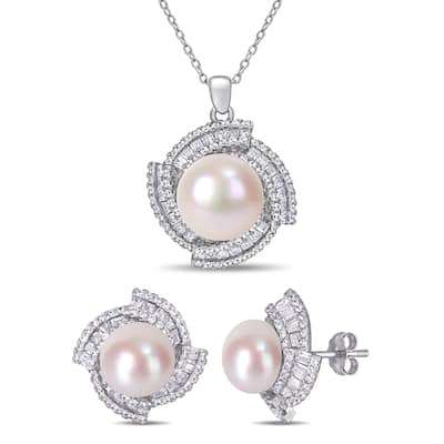 Miadora Sterling Silver Cultured FW Pearl and CZ Swirl Halo Necklace (9.5-12.5 mm)